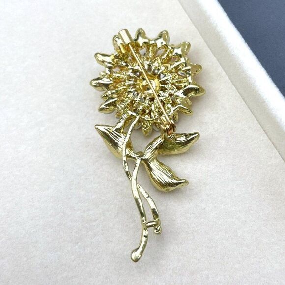 Yellow Gold with Champagne Topaz and Diamond Crystal Sunflower Pin Back Brooch - Picture 6 of 7